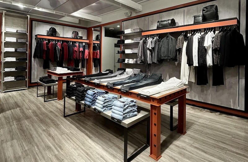 Denim tables and outerwear wall